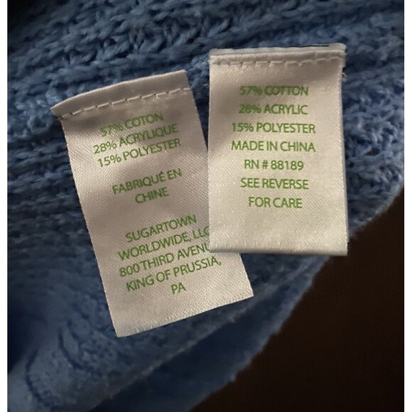 Lilly Pulitzer Greta Size L V-Neck Cable Knit Sweater Blue Boho Feminine Ruffle - Picture 13 of 16